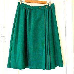 Vintage 80s Green Woven Pleated A Line Knee Length / Midi Wrap Skirt